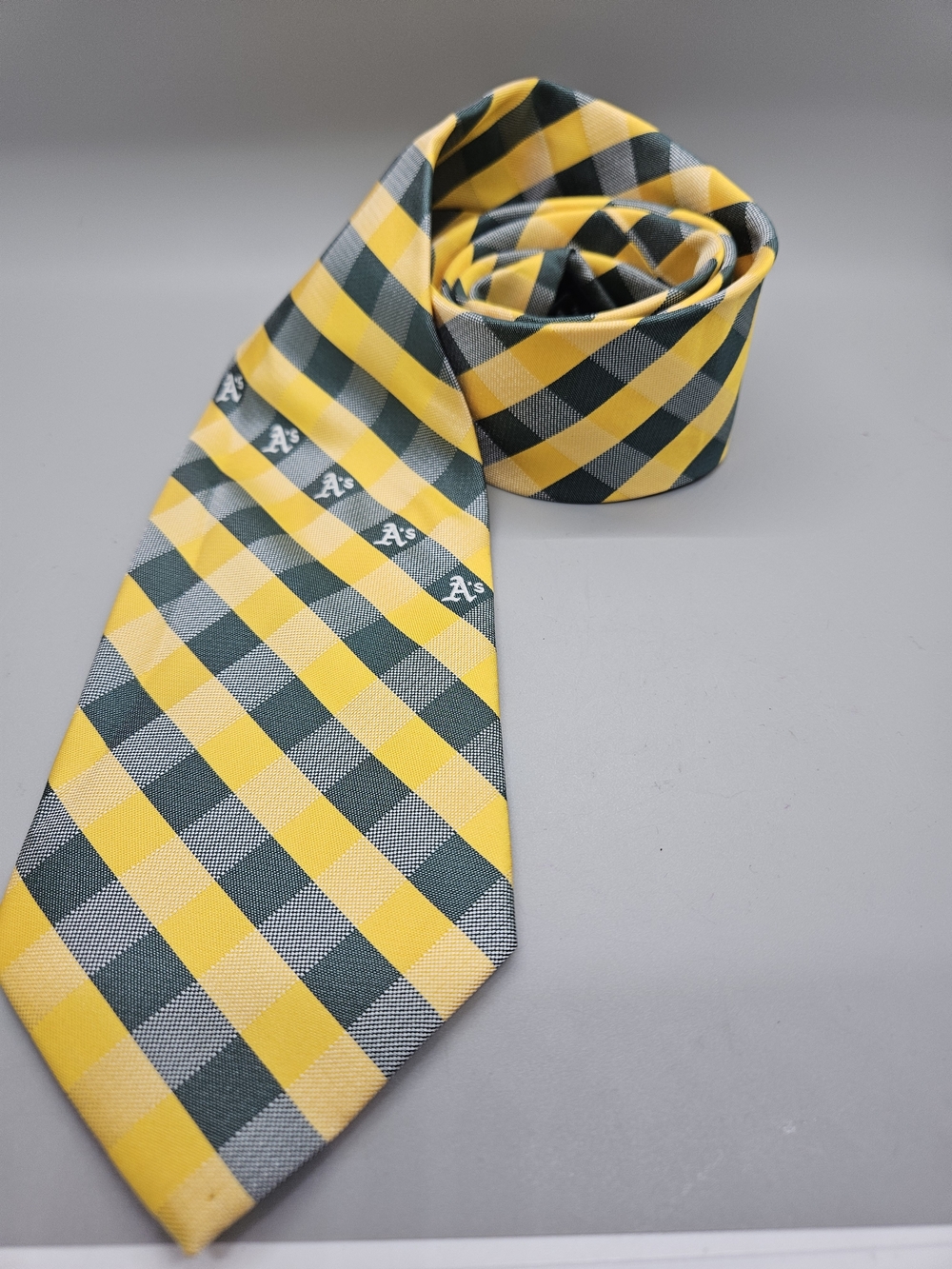 Oakland Athletics Necktie Mens Yellow Green Check Gingham As MLB Baseball Tie